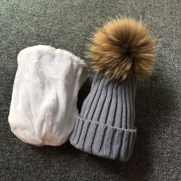 Berets Real Raccoon Fur Ball Hats Plus Velvet Winter Hat Cap For Kids Boy Girl Warm Pom Poms Ski Pompoms HatBerets