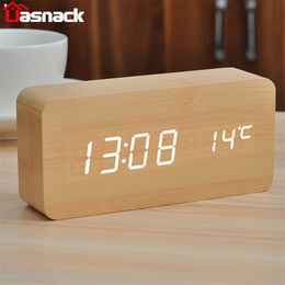 Alarm Clock Table LED Digital Wooden USB/AAA Powered Desk Temperature Humidity Voice Control Electronic Home Decor 220426