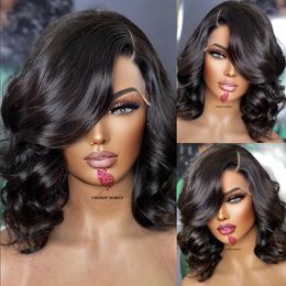 180 Density Bob Wavy Elegant Daily Synthetic Wig for Women Transparent Lace 13x3 Lace Front Glueless Wigs with Combs