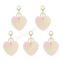 Love Heart Keychain Pompom Rainbow Plush Key rings for Purse Bag Charm Pendant Heart Ball Girls Favour Toy Gifts