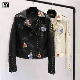 LY VAREY LIN Spring Women Floral Print Embroidery Faux Leather Jacket Turn-down Collar Pu Motorcycle Black Punk Outerwear 210908