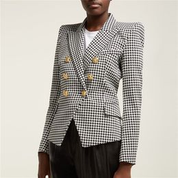 HIGH STREET Stylish 2020 Runway Blazer Women s Double Breasted Lion Buttons Houndstooth Career Blazer Jacket LJ201021