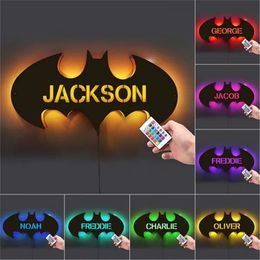 Personalized Wooden Bat USB LED Lamp with Name Decor LED Night Light for Children Custom Wooden Engraved Name Bat Wall Lights 220623