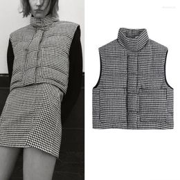 Women's Vests 2022 Winter Warm Plaid Woman Vest Casual High Collar Sleeveless Crop Coats Vintage Loose Zip And Snap Button Female Waistco St