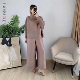 LANMREM Pleated Suit Set For Women Spring Lapel Top + Fold Wide Leg Pants Two-piece Loose Casual s Female 2C2174 220315