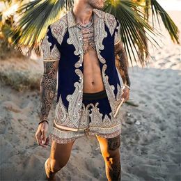 Men Sets Print Lapel Short Sleeve Casual Shirt Beach Shorts 2 piece Summer Holiday Hawaiian Suits Streetwear S 3XL 220621