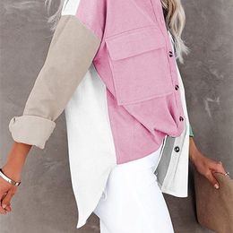 Women Corduroy Long Sleeve Button Down Collared Shirt Oversized Lightweight Shacket Jacket Tops 220815