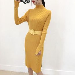 Casual Dresses Women Sweater Dress Female Winter Long Knitted Split Lurex Bodycon Belt For Girl Ladies 2022 Pullover Drop Ship