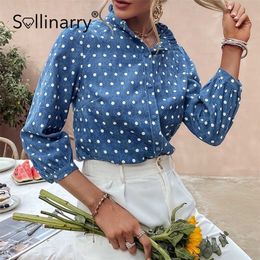 Sollinarry Office Lady Turtleneck Polka Dots Women Blue Shirt Autumn Causal Ladies Skinny Top Female Regular Sleeves Blouse 210709
