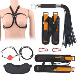 Nxy Bondage Leather Bdsm Set Yoke Tape Self Lock Handcuffs Whip Plug Gag Sm Torture Fetish Sex Tie Toys Products for Adults 220512