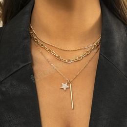 Boho Shiny Diamond Pentagram Pendant Necklace Women Vintage Multilayer Gold Metal Clavicle Necklaces Girls Fashion Jewelry Gifts