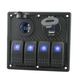 -Relés automáticos 12V-24V impermeable Panel de interruptores de 4 pandillas LED Rocker Cigarrillo Encendedor Doble Dual USB Puerto Voltímetro