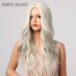long wavy wigs for black women NZ - Synthetic Wigs HENRY MARGU Long Wavy For Women Platinum Black Ombre Heat Resistant Cosplay Natural Daily Hair Kend22
