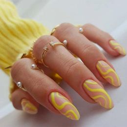 False Nails 24pcs Wave Design Almond Line Detachable Fake Nail Wavy Double Color With Wearable Full Cover Tips Prud22