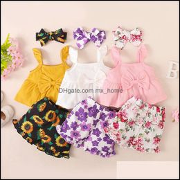 Clothing Sets Kids Girls Sunflower Outfits Infant Flying Sleeve Topsandfloral Flower Print Shortsandbow Headband Mxhome Dhknz
