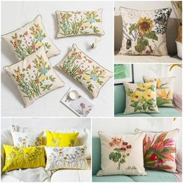 country cushions NZ - Cushion Decorative Pillow Luxury Embroidery Country Style Floral Pillows Case Sunflower Daisy Narcissus Embroidered Thick Linen Cushions Far