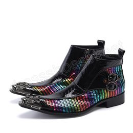 Multicolor Stripe Men Party Ankle Boots Metal Pointed Toe Buckle Man Real Leather Boots Fashion Westerns Boots