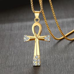 Stainless Steel Rhinestone Crystals Anka Cross Pendant Egyptian Cross Necklace Rolo Chain 3mm 24''