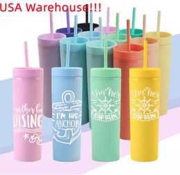 Armazém local de 16 onças de copos magros de canecas de copos acrílicos coloridos foscos com tampas e palhas de parede dupla plástico Tumbllers US-abroad USA Warehouse