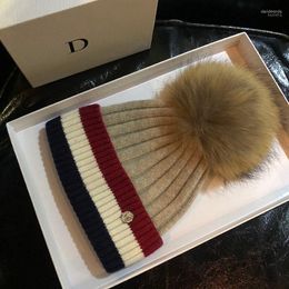 Beanie/Skull Caps 2022 Women's Hats Beanies Winter For Women 100% Raccoon Fur Pompom Hat Female Knitted Davi22