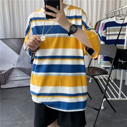 EBAIHUI Men's T-Shirts Japanese Short Sleeve Hit Colour Striped Stitching Top Tees Unisex Loose Casual Breathable Cotton O-neck T-shirt Tops M-4XL