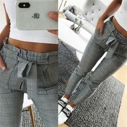 New Fashion spring Vintage Grey grid casual pants women pants trousers female streetwear capris summer pants T200319