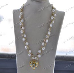 Pendant Necklaces 2row 20'' 12mm White Baroque Pearl CZ Necklace Gold Plated Heart PendantPendant