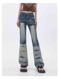 High-waisted Contrasting Colour Micro-bladed Jeans Summer Hot Girl Design Wide-legged Straight High Street Slim Denim Trousers T220728