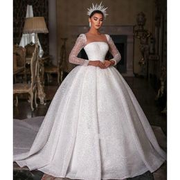 Sexy Ball Gown Wedding Dresses Appliques Bateau Long Sleeves Strapless Sequins Beads Lace Ruffles Floor Length Shiny Princess Bridal Gowns Plus Size Custom Made