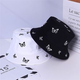 Fashion Summer Ladies Butterfly Embroidery Fisherman Hat Panama Double-sided Bucket Hat Casual Sunscreen Beach Cap Gorros Panama 220812