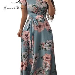 Women Summer Maxi Dress Casual Short Sleeve Boho Floral Print Long Turtleneck Bandage Elegant Party es Vestidos 220426