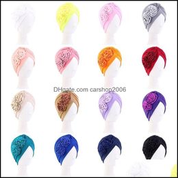 Beanie/Skl Caps Hats Hats Scarves Gloves Fashion Accessories Beanies Flower Decoration Pleated Elasticity Hat Muslim Women Wraps Hijabs C