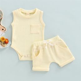 Clothing Sets Born Baby Boy Girl 2PCS Summer Romper Clothes Toddler Kid Sleeveless Solid Color Waffle Knit Bodysuit ShortsClothing