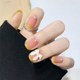 False Nails Pearl Bow Cute Short Stick On Full Cover Finished Piece French Style Artificial 24PCS DIN889 Prud22