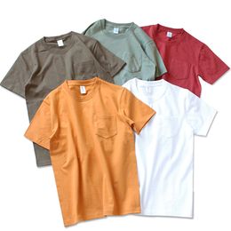 Т-рубашки густой винтажная хлопчатобумажная футболка Цилиндрическая бесшовная бочка сплетен O-ock pocket с короткими рукава