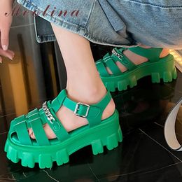 Sandals Meotina Women Genuine Leather Gladiator Shoes Thick Heel Summer Platform Buckle Chain High Heels Ladies Footwear GreenSandals