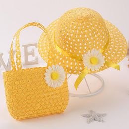 Berets Summer Children Beach Hats Set Wide Brim Yellow Straw Hat Kids Holiday Travel Pink Bags Flower Tote Handbags SuitBerets