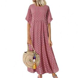 Plus Size Women Short Sleeve O-Neck Dresses Ladies Dot Print Boho Style Beach Loose Casual Maxi Dress 2021 G220510