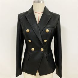 est Fall Winter Designer Blazer Jacket Women's Lion Metal Buttons Double Breasted Synthetic Leather Blazer Overcoat 220402