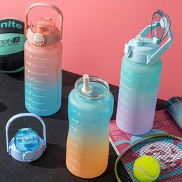 Water Bottles Sports Water Bottle With Time Marker Straw Lids Large Capacity Drinking Bottle Plastic Leak-proof Frosted Cup Outdoor2000ml