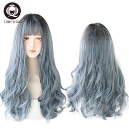 7JHH Blue Wavy Synthetic Wigs Long Omber Corche Hair With Bangs For Women Heat-Resistant African American Daily Wear Full Wigfactory direct