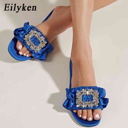 Nxy Sandals Green Blue Open Toe Women Slippers Fashion Flat Heel Crystal Diamond Slides Shoes Summer Outdoor Vacation Casual Sandal