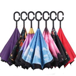 Umbrellas Wind-proof inverted folding double-layer rain-proof sun inside and outside self-made umbrella handle Inventory Wholesale 50pcs DAC466