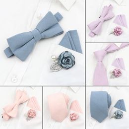 Bow Ties Beautiful Tie Bowtie Set Peach Pink Blue Solid Colour 7cm Cotton Necktie Cloth Art Fabric Flower Brooch Wedding Groom Gift Fred22