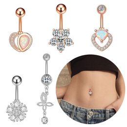 New Surgical Titanium Stainless Steel Belly Button Ring Diamond Flower Dangle Navel Barbell Stud for Women Rose Gold Cubic Zirconia Piercing Bar Bell Body Jewellery