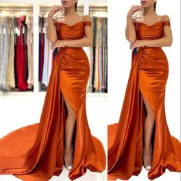 2022 Simple Sexy Off Shoulder Side Split Orange Prom Dresses Cap Sleeve Plus Size Mermaid Formal Evening Gowns