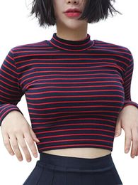 Crop Tops Women Chic All-match Classic Stripe Slim Short Bustier Top Turtleneck Long Sleeved T-shirt Sexy Shirts Tee