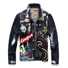 Men's Jackets Men's Male Fashion Casual Badge Patches Painted Blue Black Denim Jacket Trendy Beauty Patchwork Long Sleeve Coat Outerwear