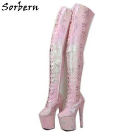 Sorbern Pink Snake Reflect Boots Women Crotch Thigh High Lace Up Pole Dance Boot Custom Wide Slim Legs 20Cm Extreme High Heels