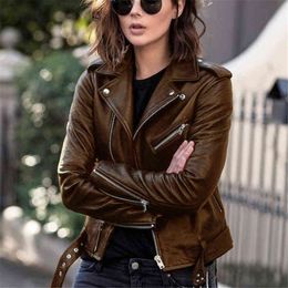 Spring Autumn Leather Short Jacket Solid Female Moto Biker Jackets Punk Women Cool Faux Leather Jacket Long Sleeve Zipper Coat L220728